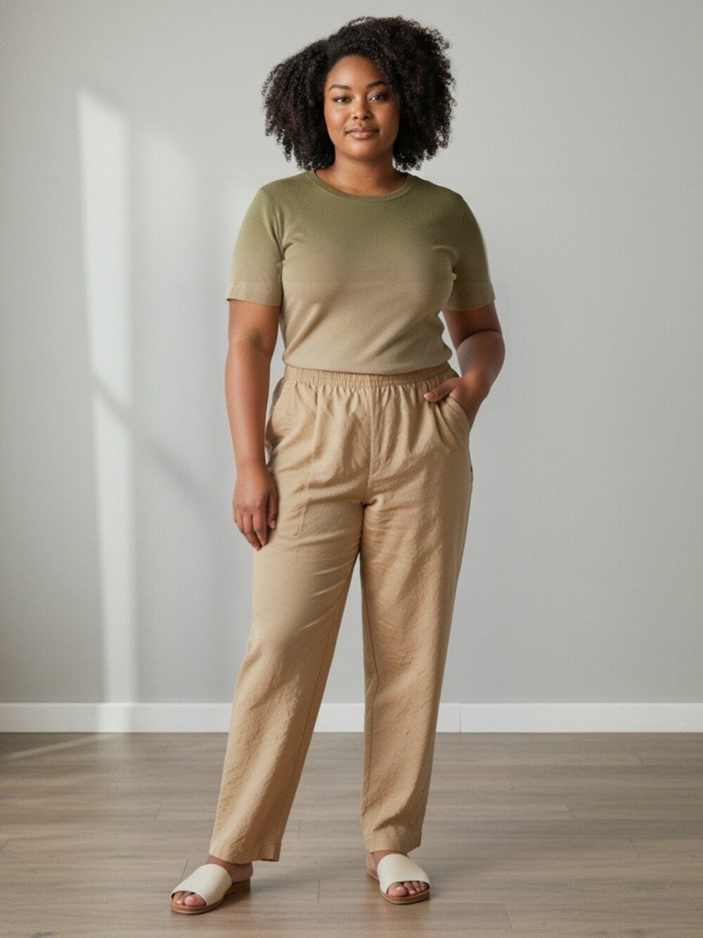 VTG David Dart Womens Plus 1X Lt Beige Linen Silk Elastic Waist Pull On Pants